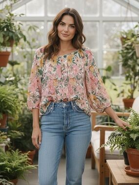 Penelope Rose Floral Boho Peplum Top Size L